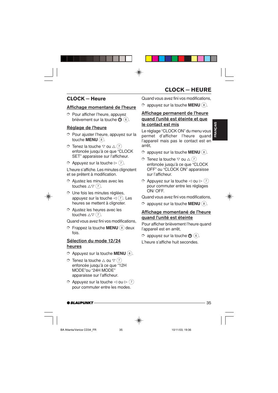 Clock — heure | Blaupunkt Atlanta CD34 User Manual | Page 35 / 84