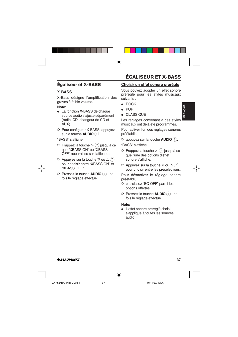 Égaliseur et x-bass | Blaupunkt Atlanta CD34 User Manual | Page 37 / 84