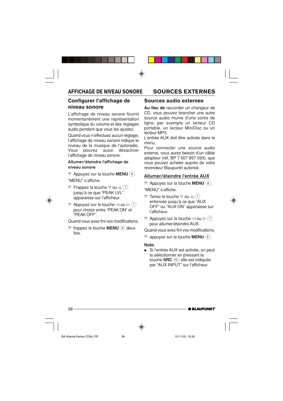 Sources externes affichage de niveau sonore | Blaupunkt Atlanta CD34 User Manual | Page 38 / 84