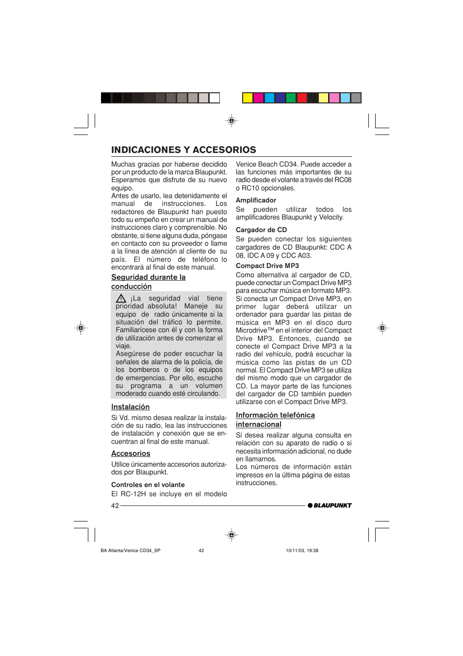 Indicaciones y accesorios | Blaupunkt Atlanta CD34 User Manual | Page 42 / 84