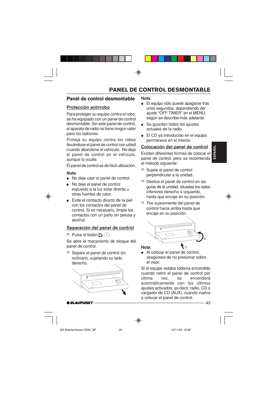 Panel de control desmontable | Blaupunkt Atlanta CD34 User Manual | Page 43 / 84