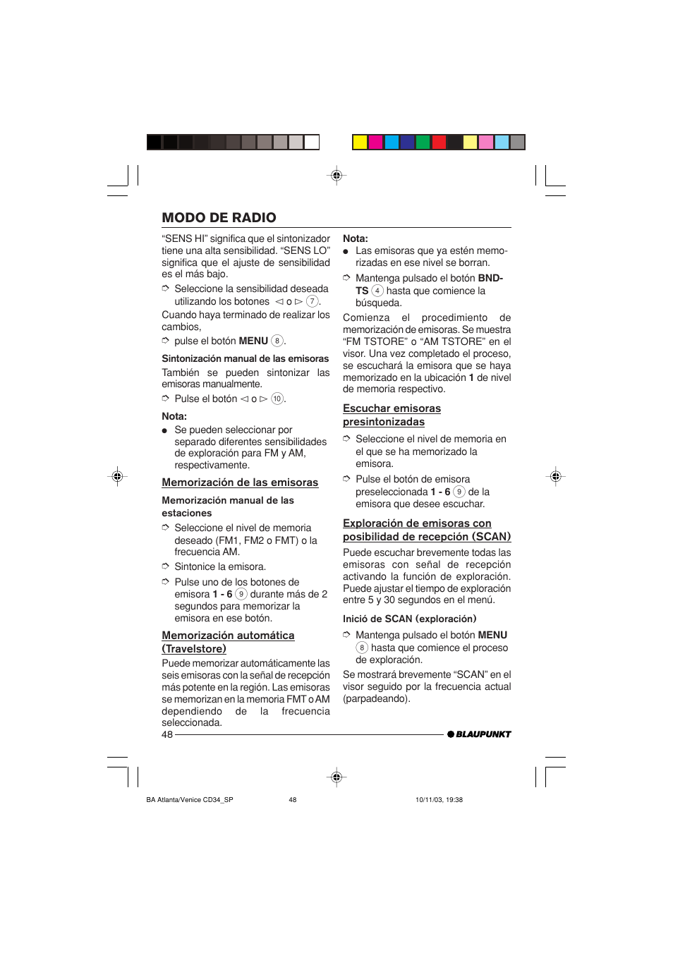 Modo de radio | Blaupunkt Atlanta CD34 User Manual | Page 48 / 84