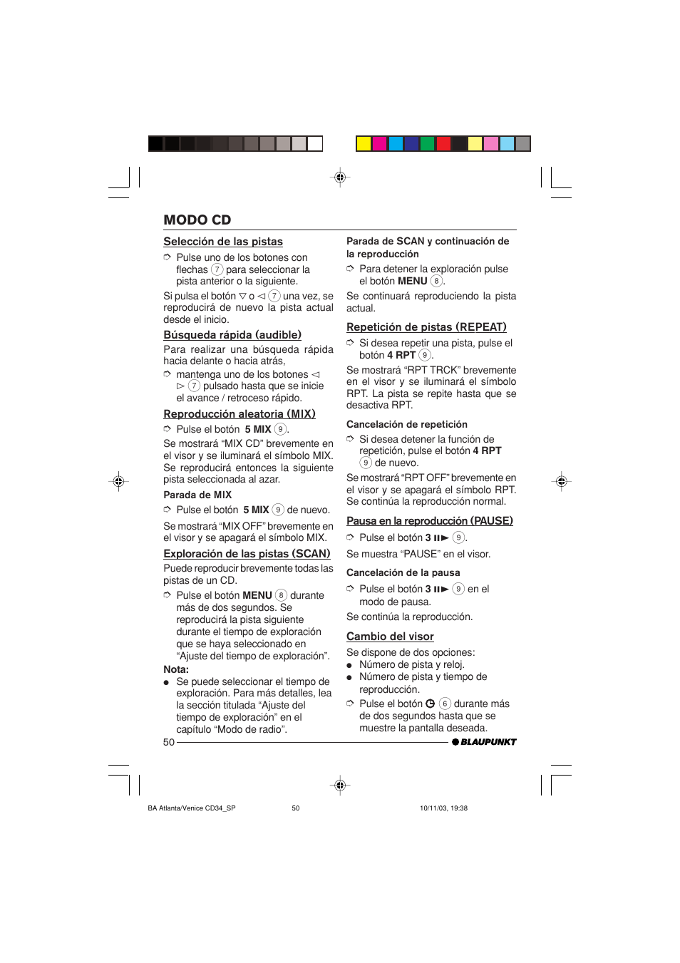 Modo cd | Blaupunkt Atlanta CD34 User Manual | Page 50 / 84