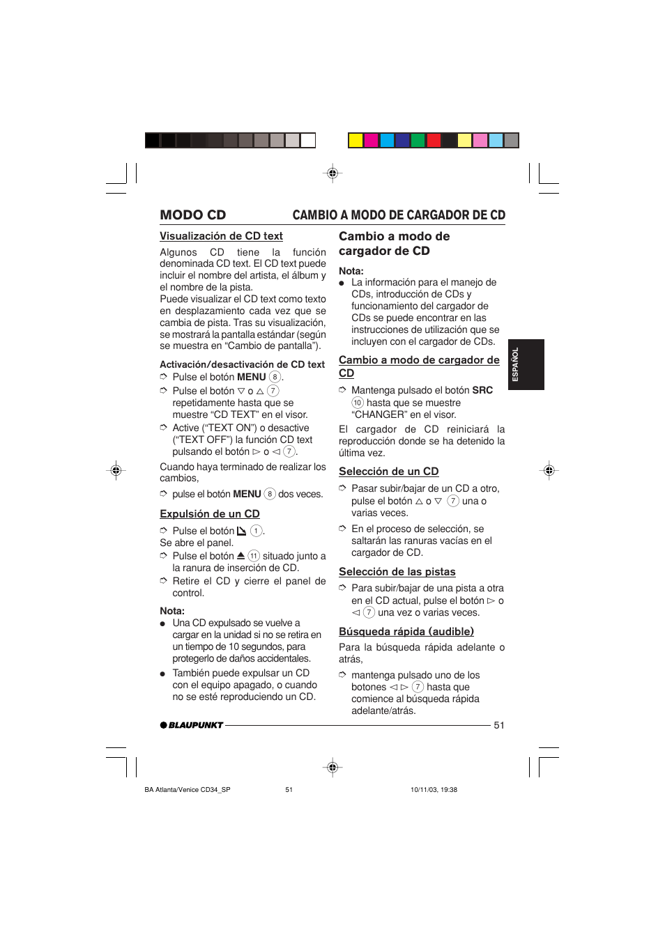 Cambio a modo de cargador de cd modo cd | Blaupunkt Atlanta CD34 User Manual | Page 51 / 84