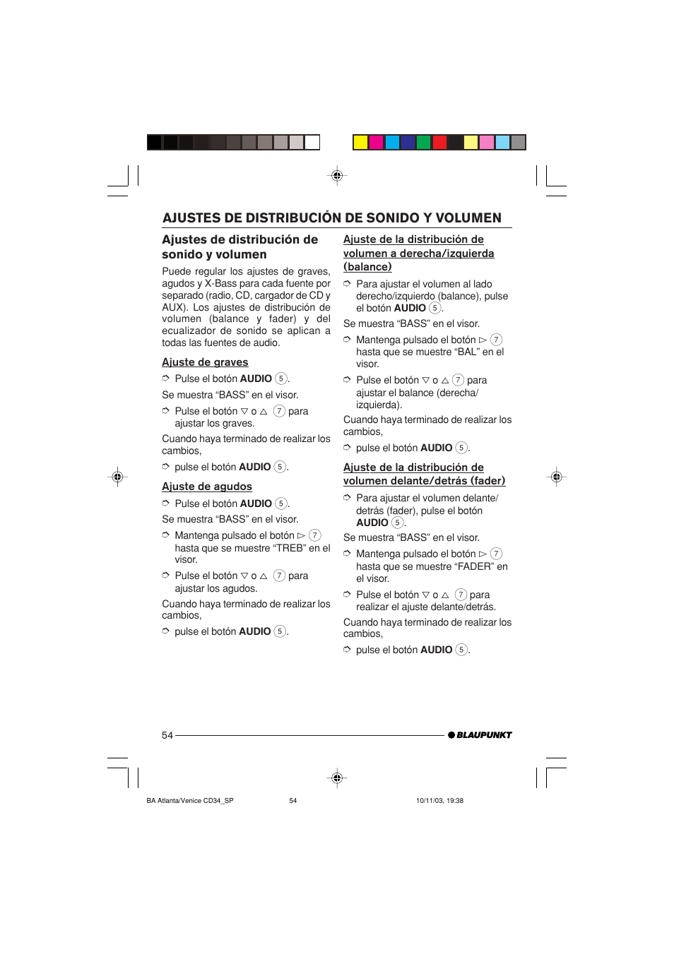 Ajustes de distribución de sonido y volumen | Blaupunkt Atlanta CD34 User Manual | Page 54 / 84