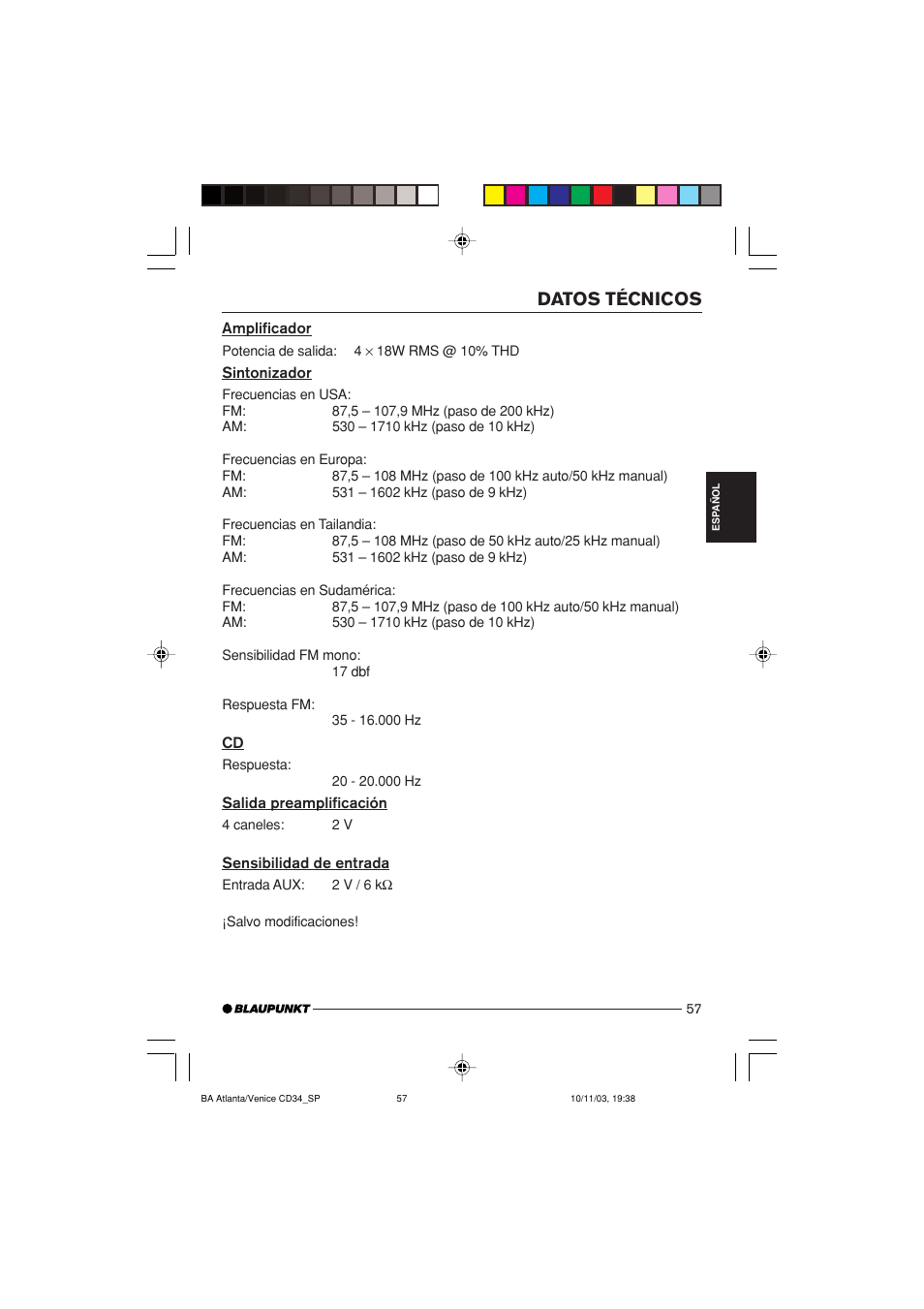 Datos técnicos | Blaupunkt Atlanta CD34 User Manual | Page 57 / 84