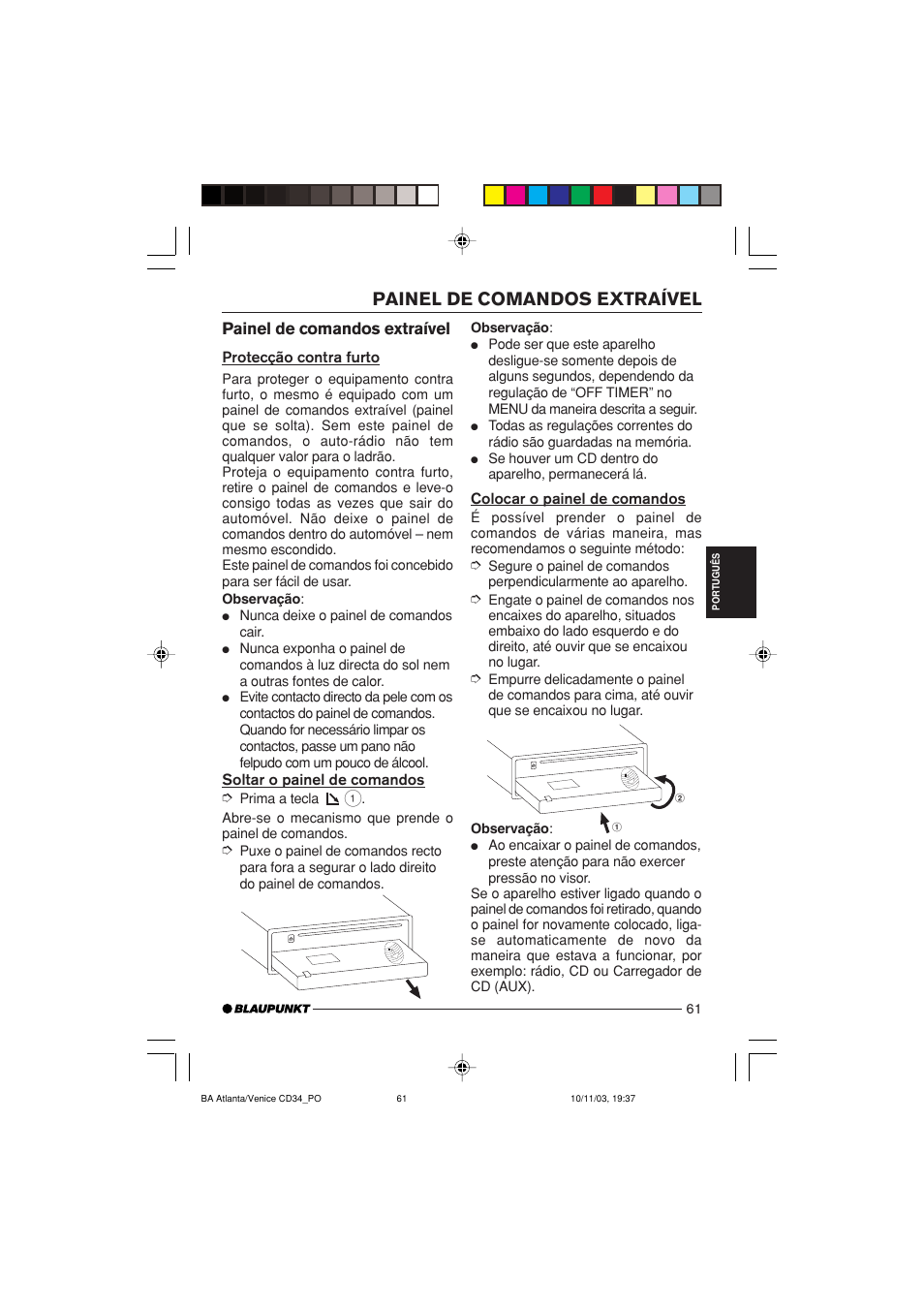 Painel de comandos extraível | Blaupunkt Atlanta CD34 User Manual | Page 61 / 84