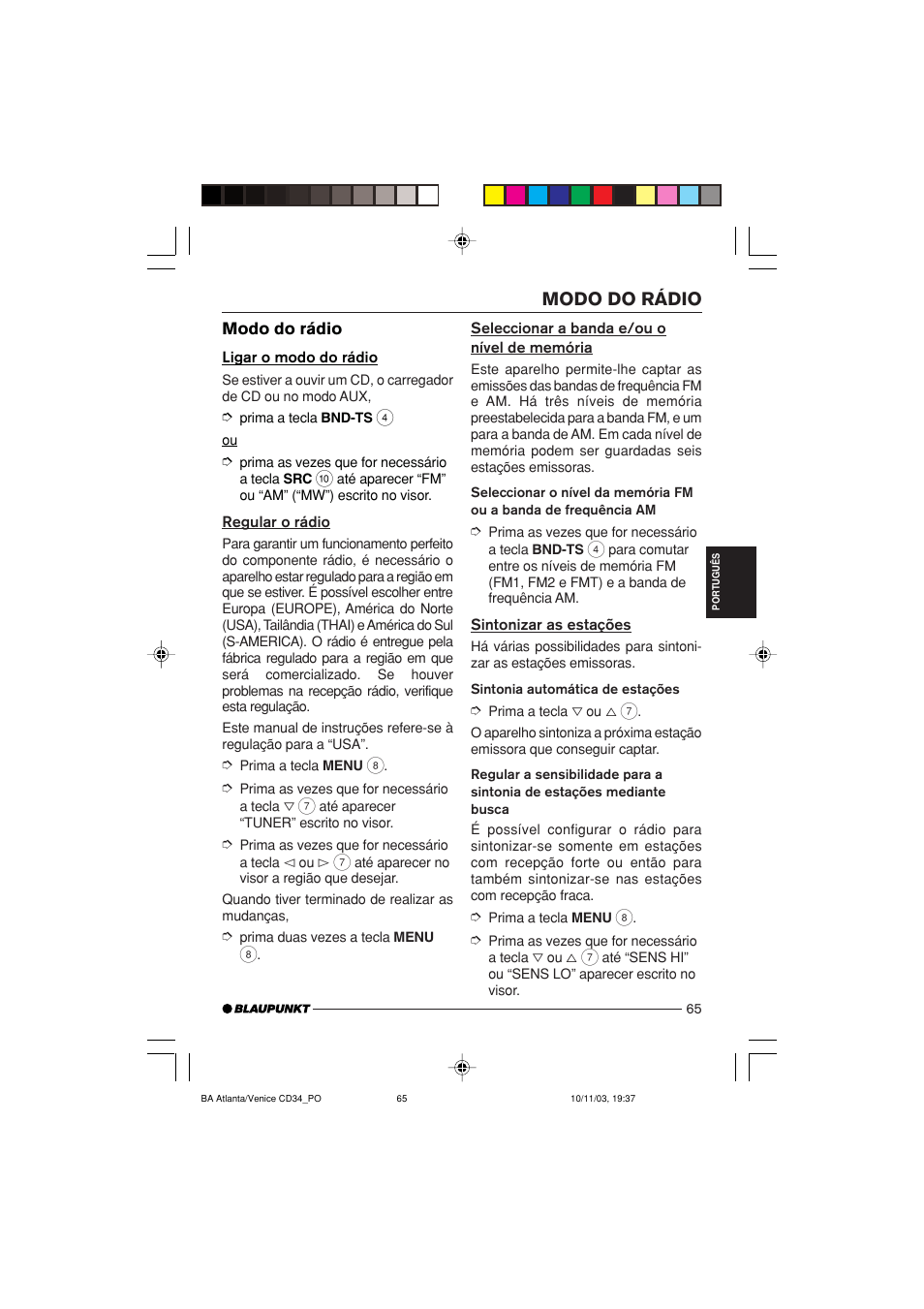 Modo do rádio | Blaupunkt Atlanta CD34 User Manual | Page 65 / 84