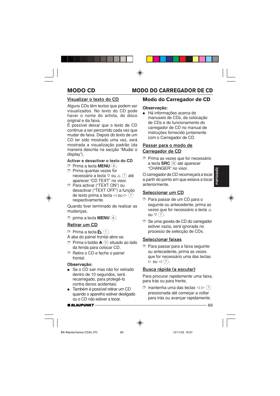 Modo do carregador de cd modo cd | Blaupunkt Atlanta CD34 User Manual | Page 69 / 84