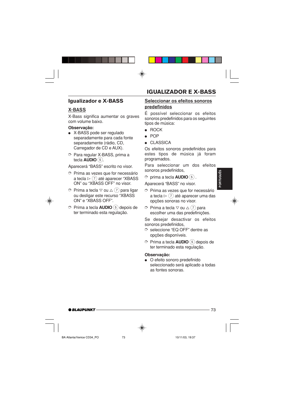 Igualizador e x-bass | Blaupunkt Atlanta CD34 User Manual | Page 73 / 84