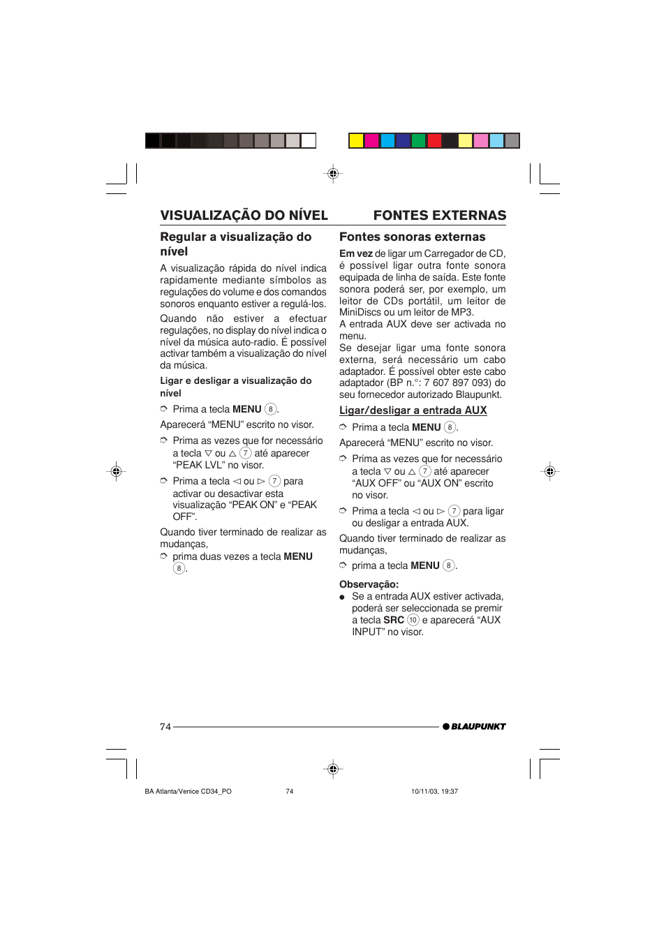 Fontes externas visualização do nível | Blaupunkt Atlanta CD34 User Manual | Page 74 / 84