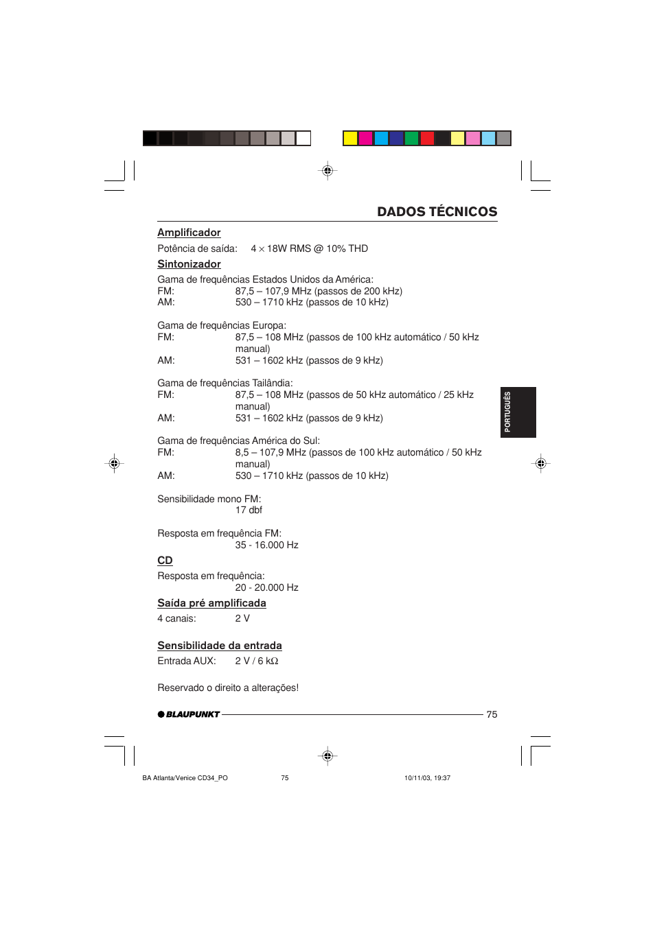 Dados técnicos | Blaupunkt Atlanta CD34 User Manual | Page 75 / 84