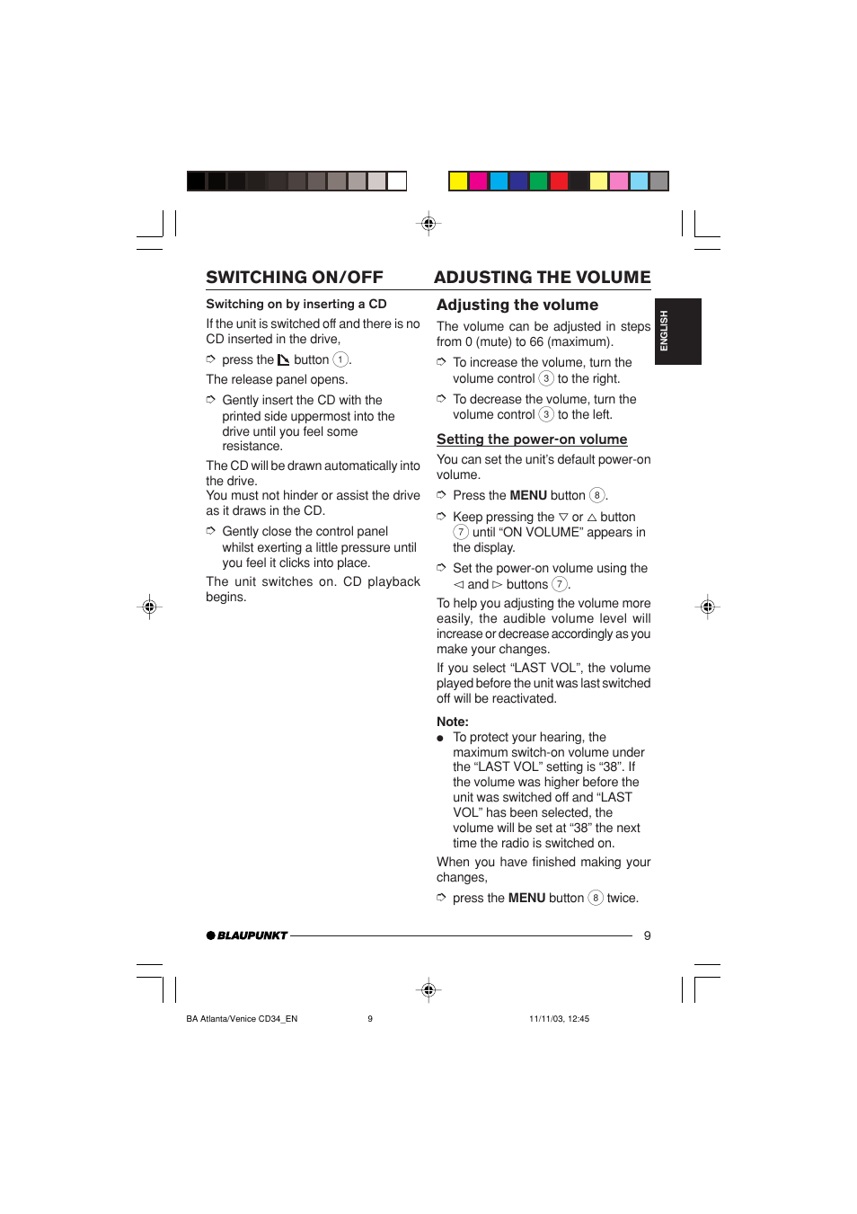 Adjusting the volume switching on/off | Blaupunkt Atlanta CD34 User Manual | Page 9 / 84