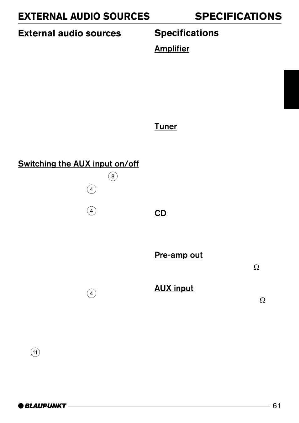 External audio sources specifications, External audio sources, Specifications | Blaupunkt Miami CD72 User Manual | Page 32 / 33