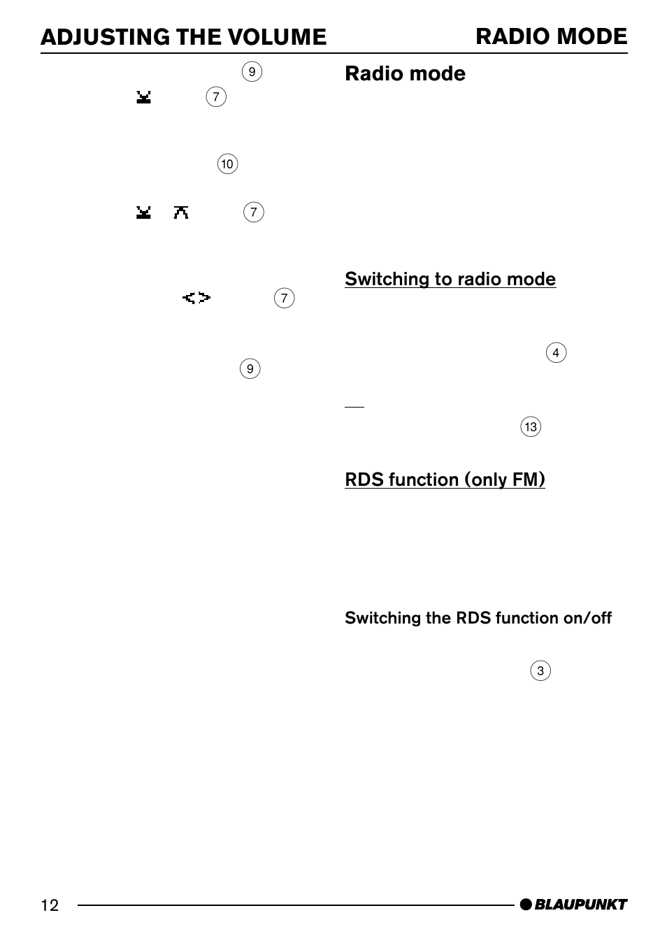 Adjusting the volume radio mode, Radio mode | Blaupunkt Acapulco MP54 US User Manual | Page 12 / 43