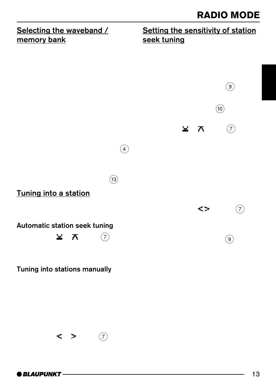 Radio mode 12, Radio mode, Tuning into a station | Setting the sensitivity of station seek tuning | Blaupunkt Acapulco MP54 US User Manual | Page 13 / 43