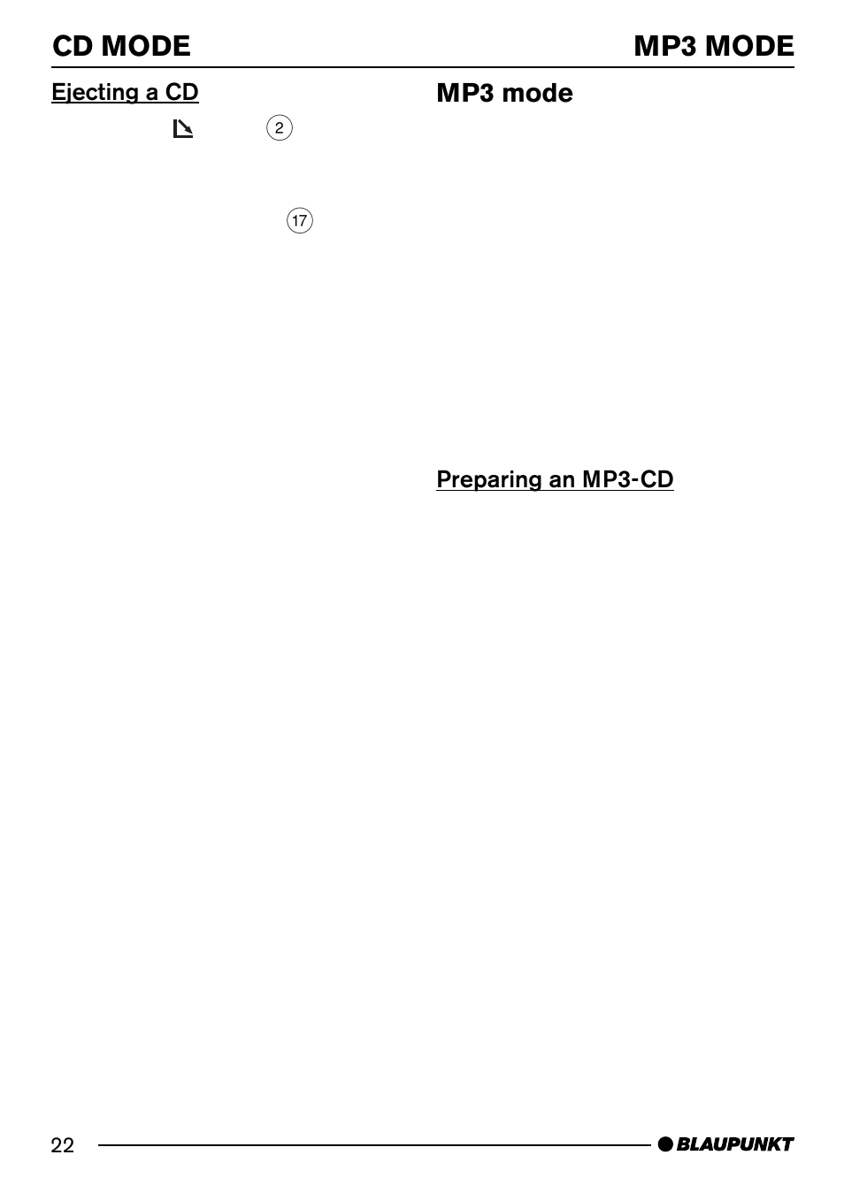 Cd mode mp3 mode, Mp3 mode | Blaupunkt Acapulco MP54 US User Manual | Page 22 / 43