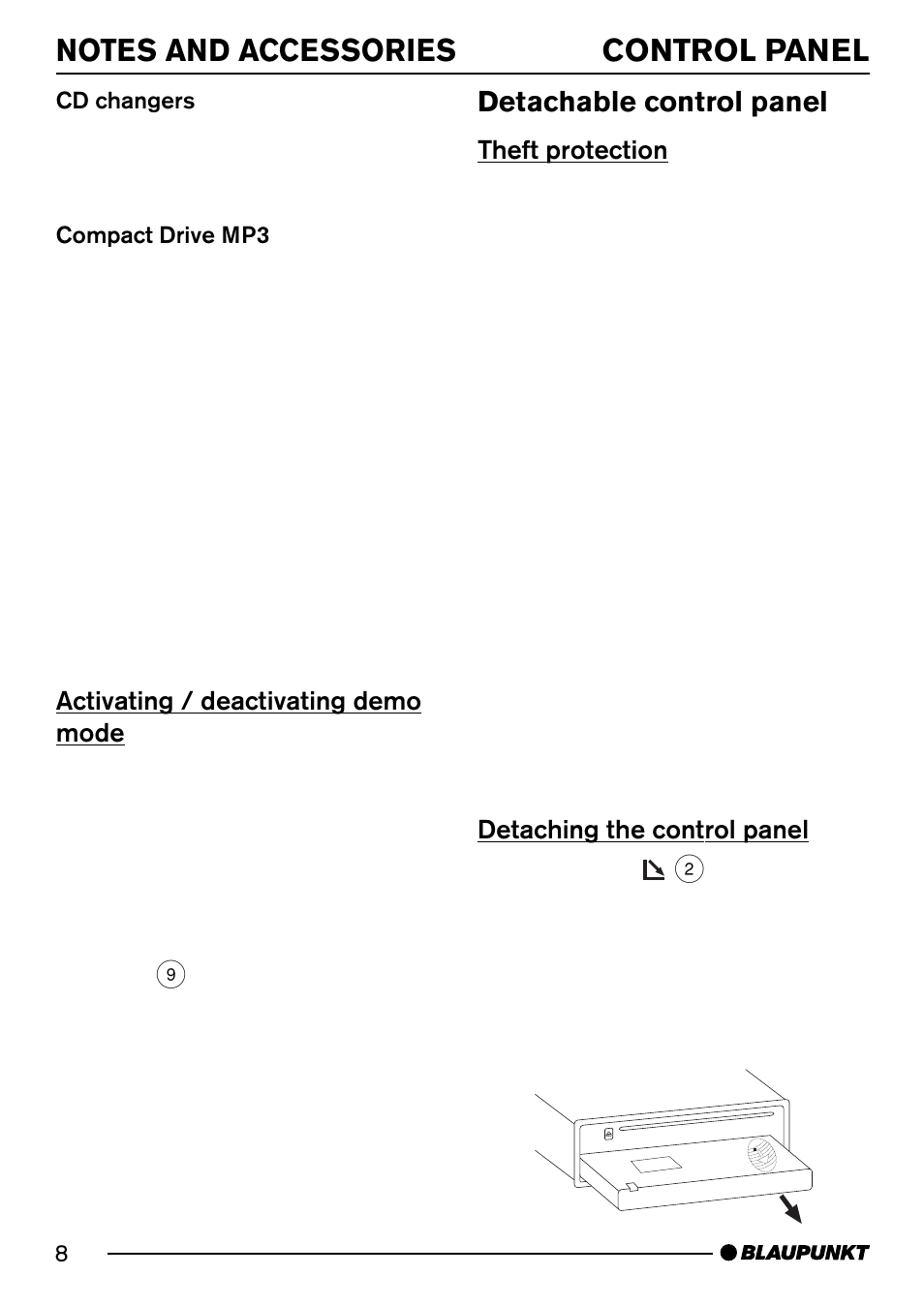 Control panel, Detachable control panel | Blaupunkt Acapulco MP54 US User Manual | Page 8 / 43