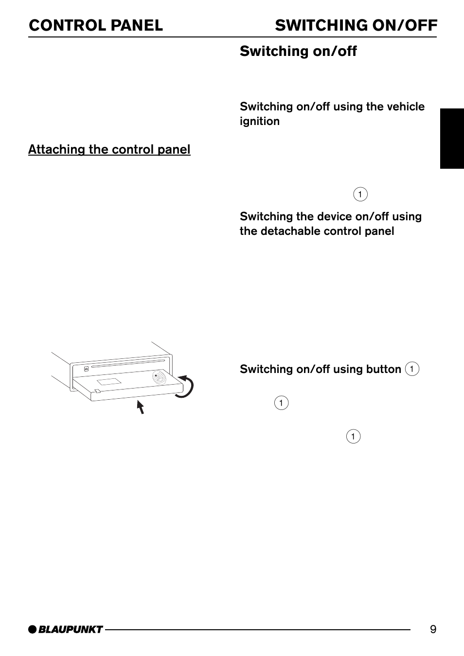 Control panel switching on/off, Switching on/off, Attaching the control panel | Blaupunkt Acapulco MP54 US User Manual | Page 9 / 43