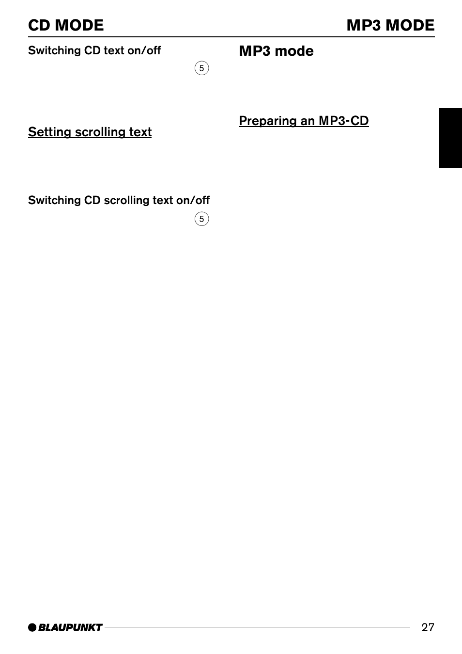 Cd mode mp3 mode, Mp3 mode, Setting scrolling text | Preparing an mp3-cd | Blaupunkt BREMEN MP74 US User Manual | Page 27 / 50