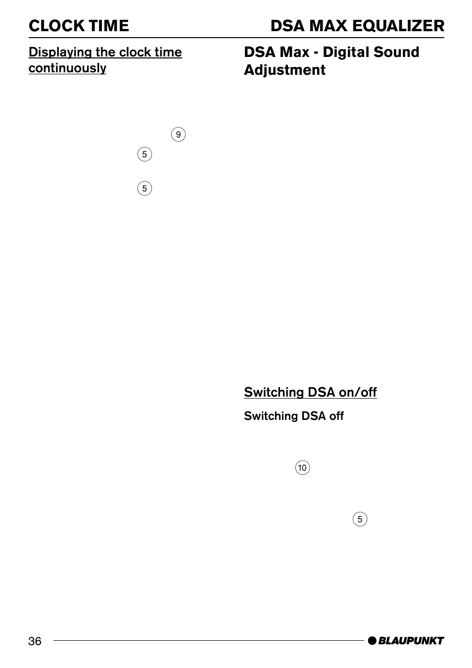 Clock time dsa max equalizer, Dsa max - digital sound adjustment | Blaupunkt BREMEN MP74 US User Manual | Page 36 / 50