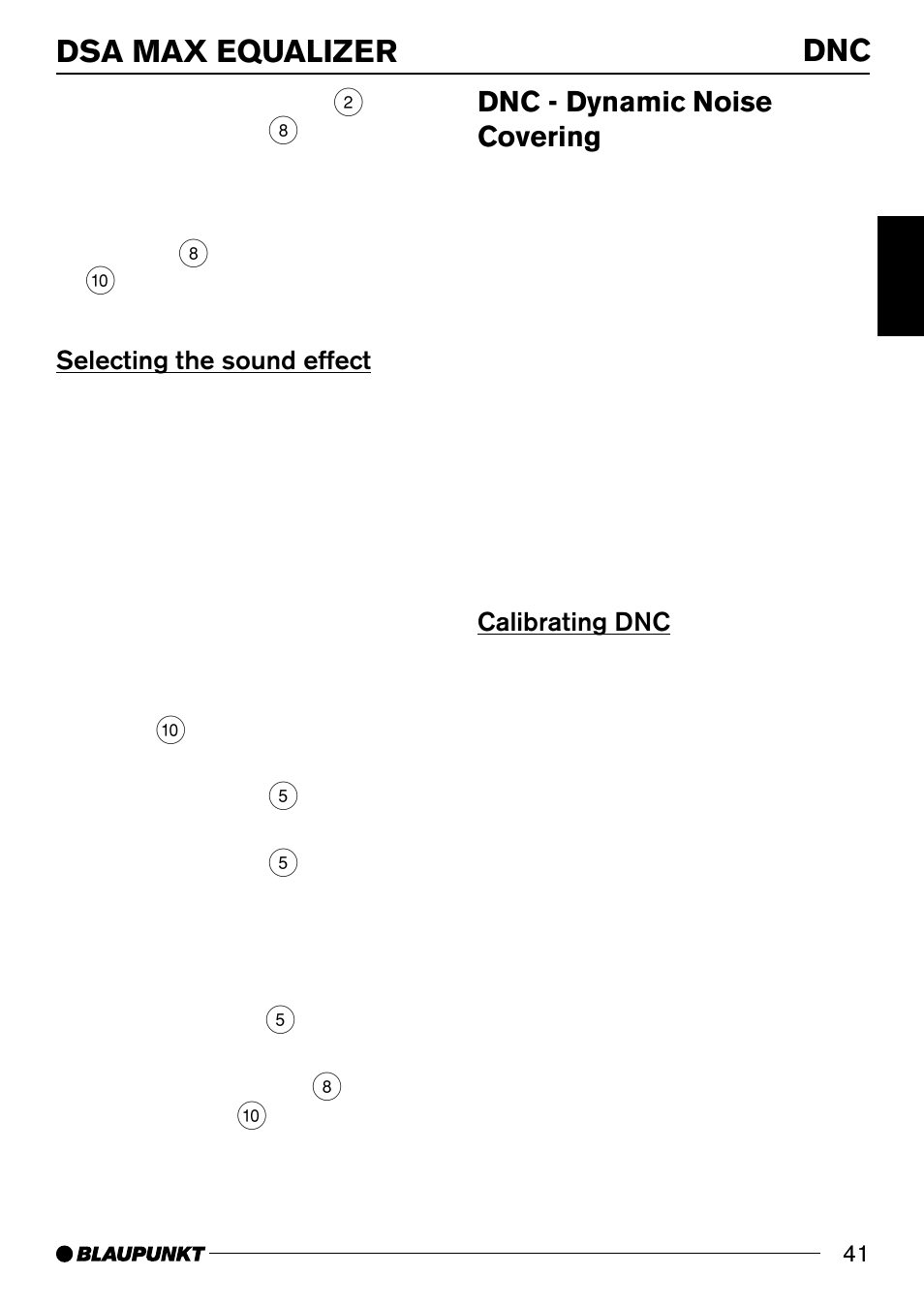 Dsa max equalizer dnc, Dnc - dynamic noise covering, Selecting the sound effect | Calibrating dnc | Blaupunkt BREMEN MP74 US User Manual | Page 41 / 50