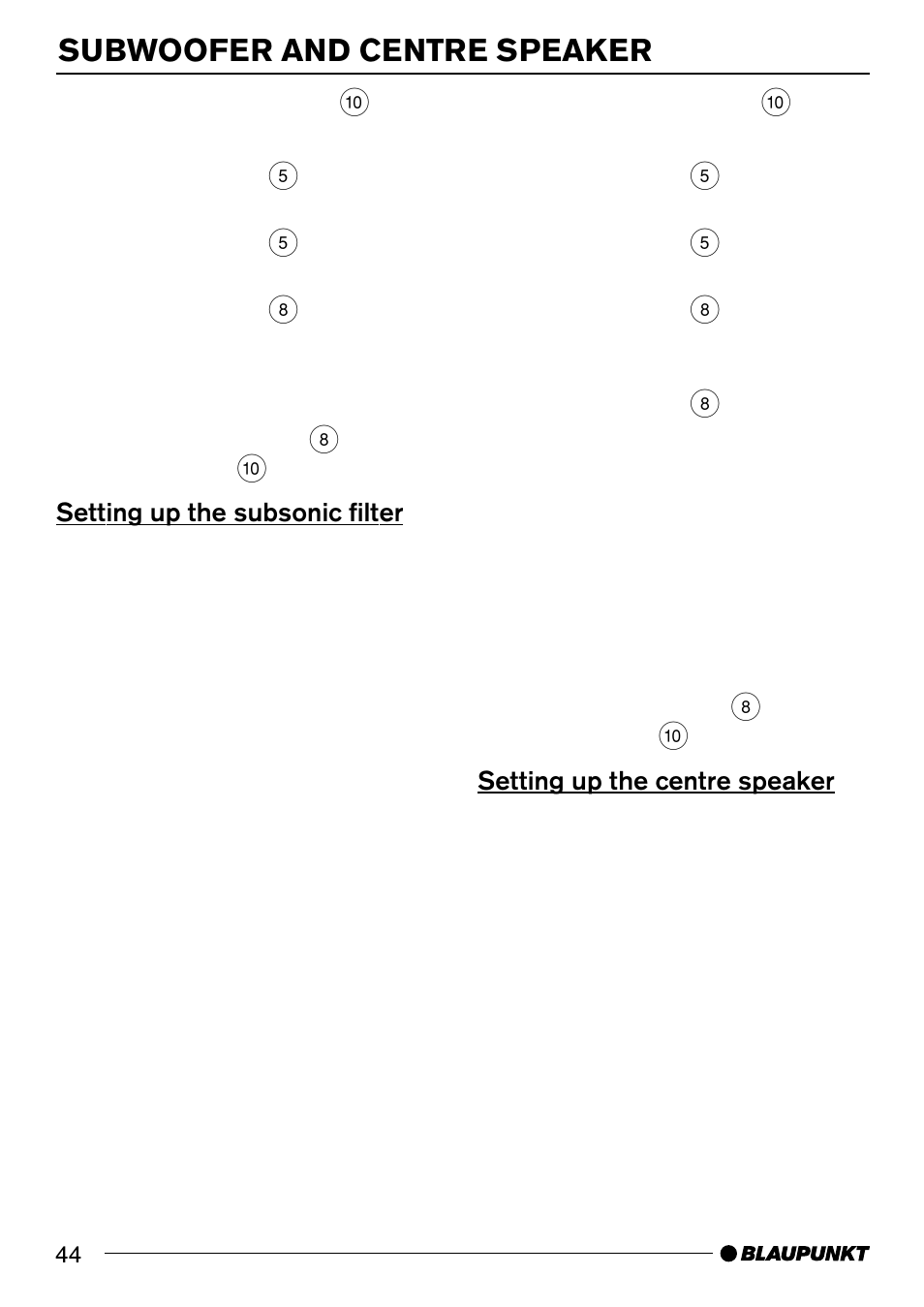 Subwoofer and centre speaker | Blaupunkt BREMEN MP74 US User Manual | Page 44 / 50