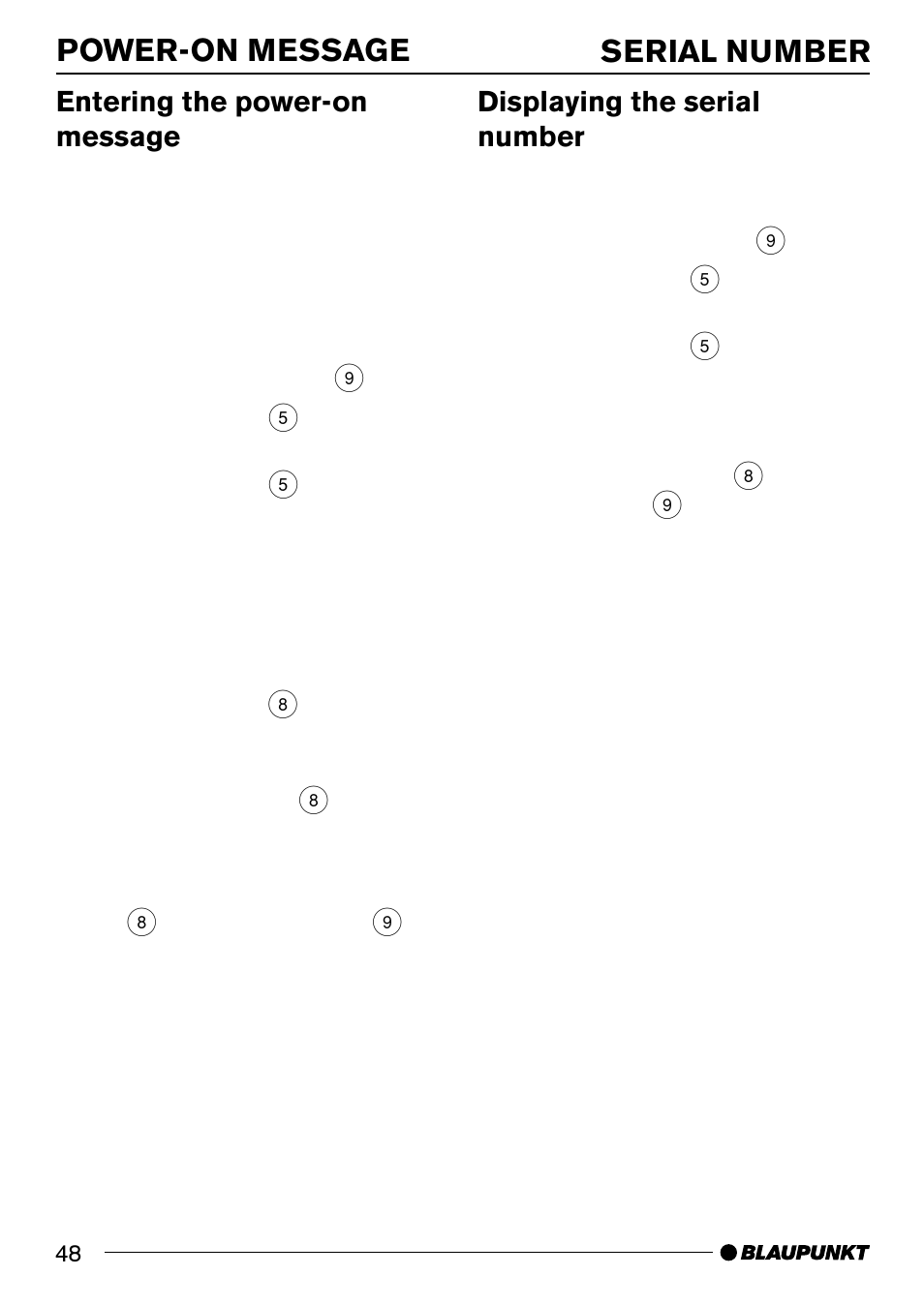 Power-on message serial number, Entering the power-on message, Displaying the serial number | Blaupunkt BREMEN MP74 US User Manual | Page 48 / 50