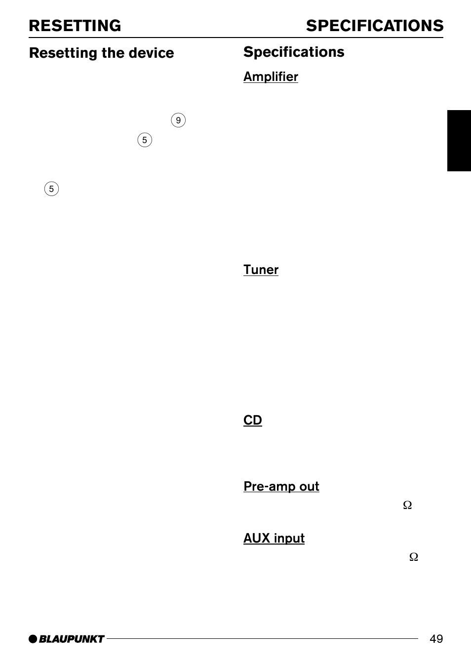 Resetting specifications, Resetting the device, Specifications | Amplifier, Tuner, Pre-amp out, Aux input | Blaupunkt BREMEN MP74 US User Manual | Page 49 / 50