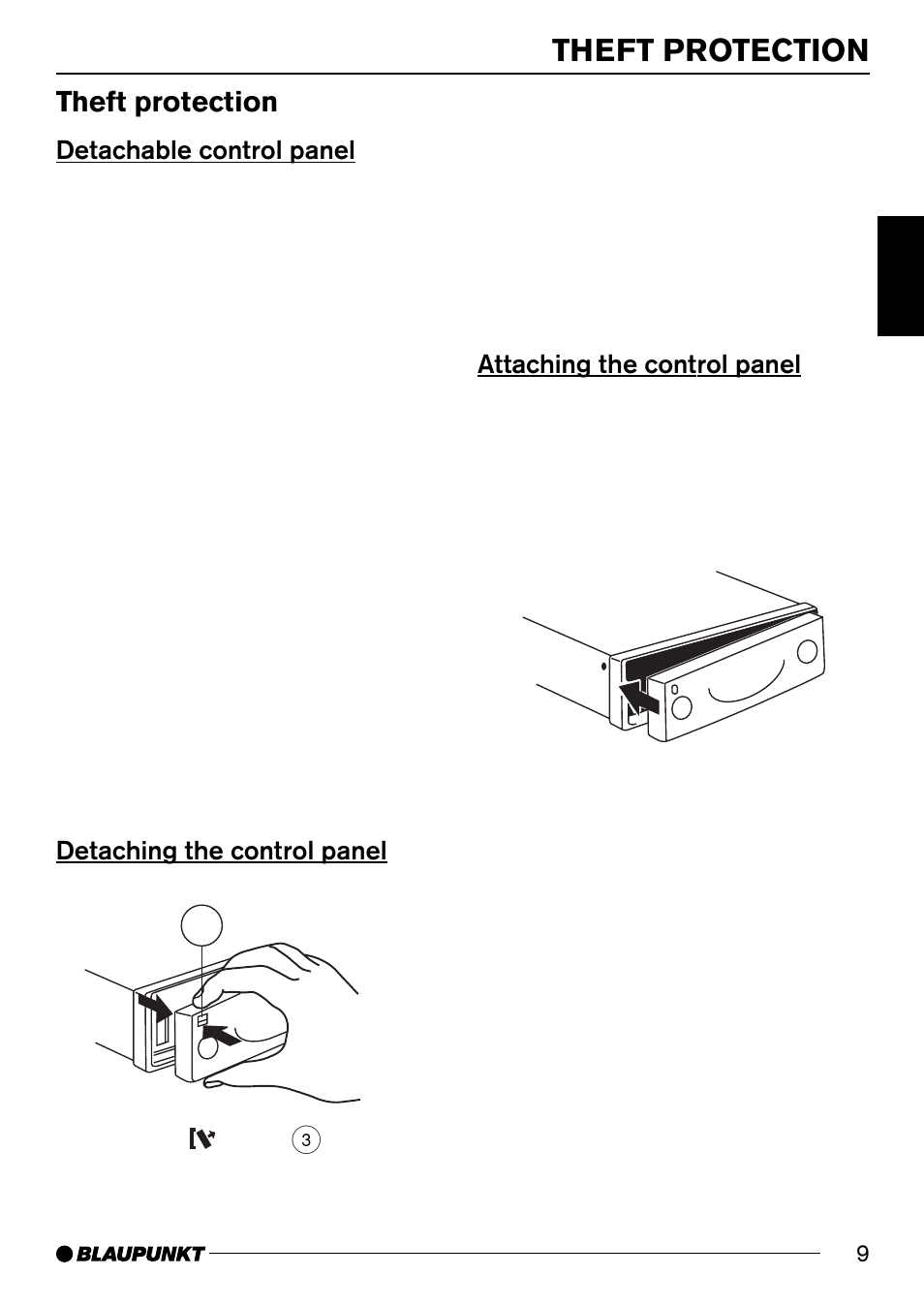 Theft protection, Detachable control panel, Detaching the control panel 3 | Attaching the control panel | Blaupunkt BREMEN MP74 US User Manual | Page 9 / 50
