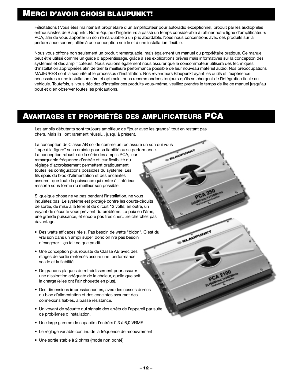 Erci d’avoir choisi blaupunkt, Vantages et propriétés des amplificateurs | Blaupunkt PCA 250 User Manual | Page 14 / 44