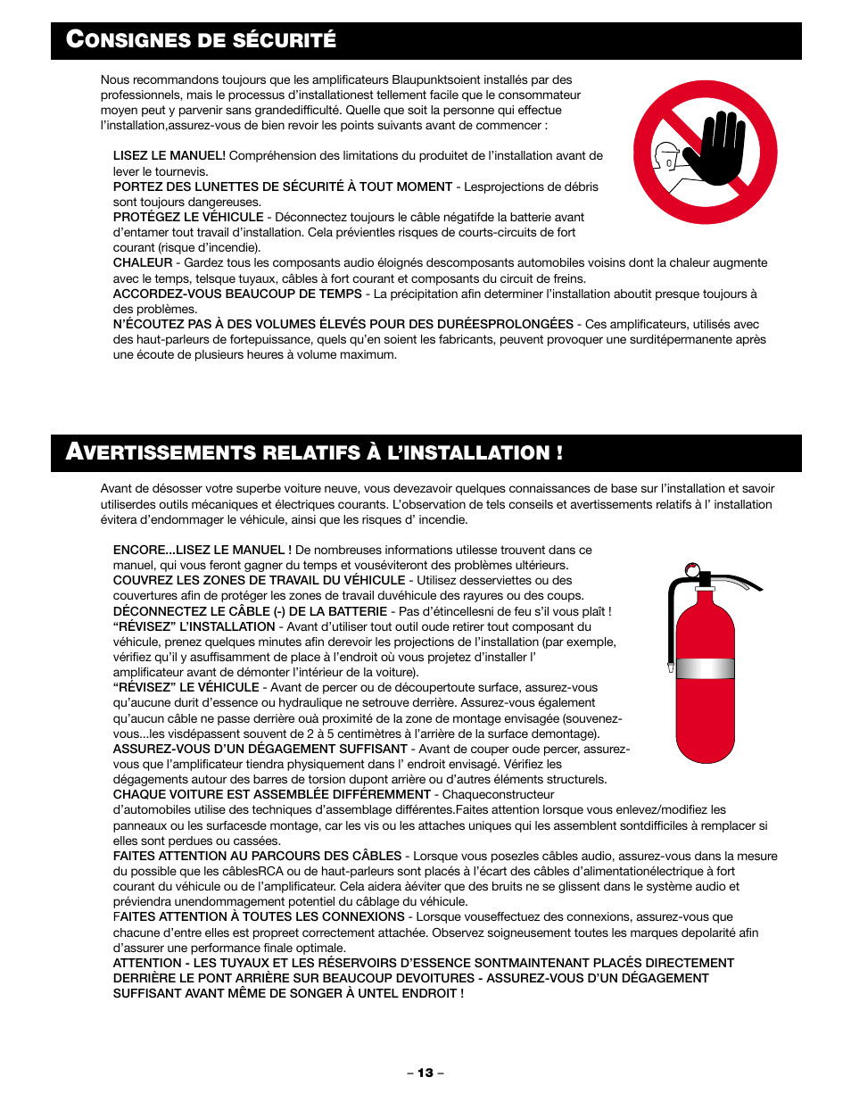 Onsignes de sécurité, Vertissements relatifs à l’installation | Blaupunkt PCA 250 User Manual | Page 15 / 44