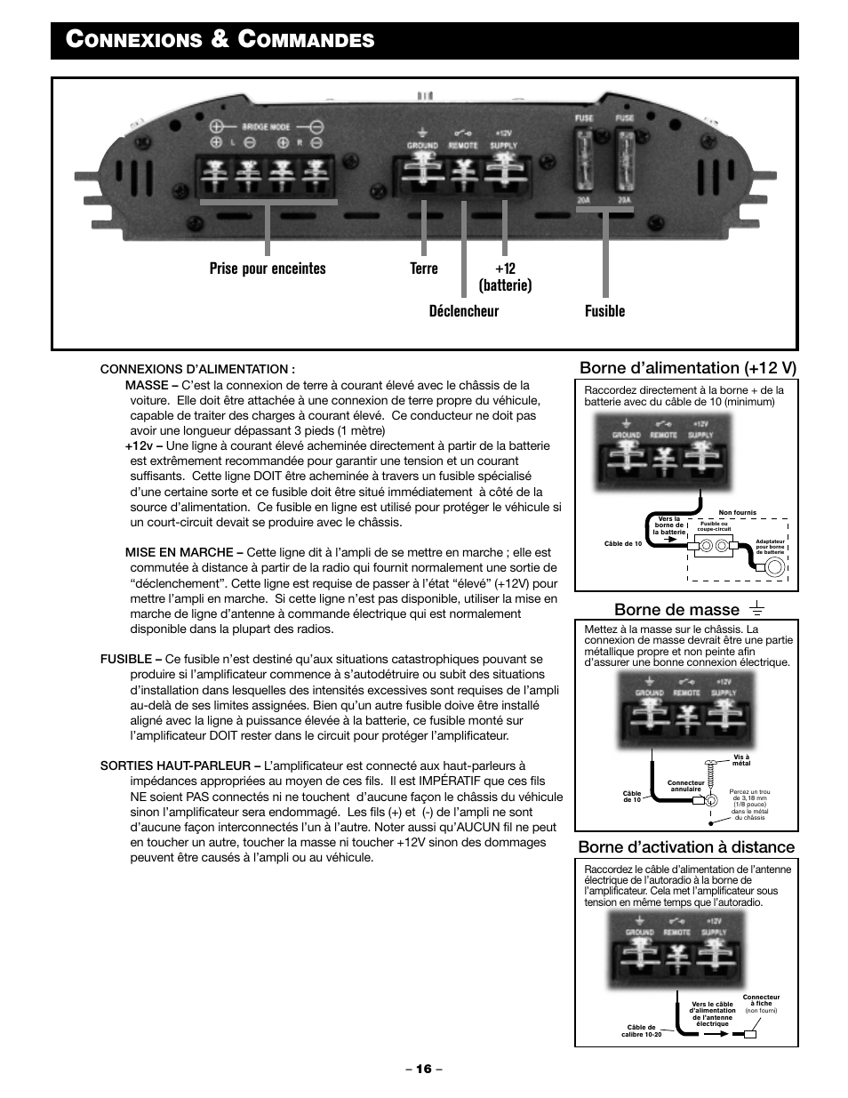 Onnexions, Ommandes, Borne d’alimentation (+12 v) | Borne de masse borne d’activation à distance | Blaupunkt PCA 250 User Manual | Page 18 / 44