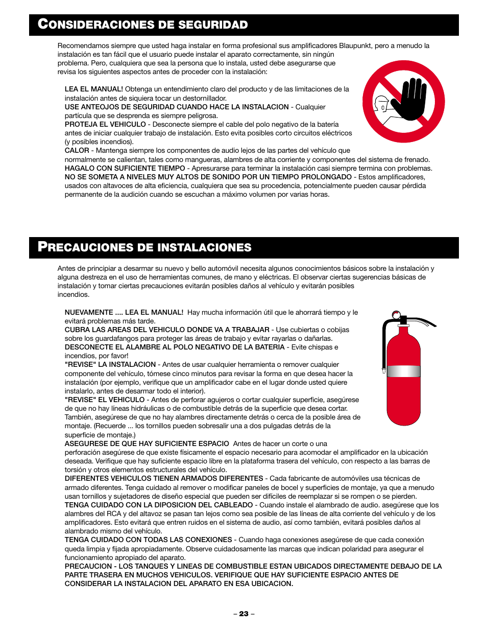 Onsideraciones de seguridad, Recauciones de instalaciones | Blaupunkt PCA 250 User Manual | Page 25 / 44