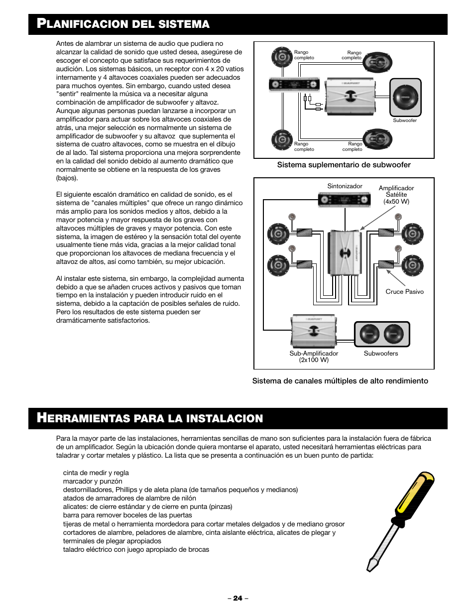 Lanificacion del sistema, Erramientas para la instalacion | Blaupunkt PCA 250 User Manual | Page 26 / 44