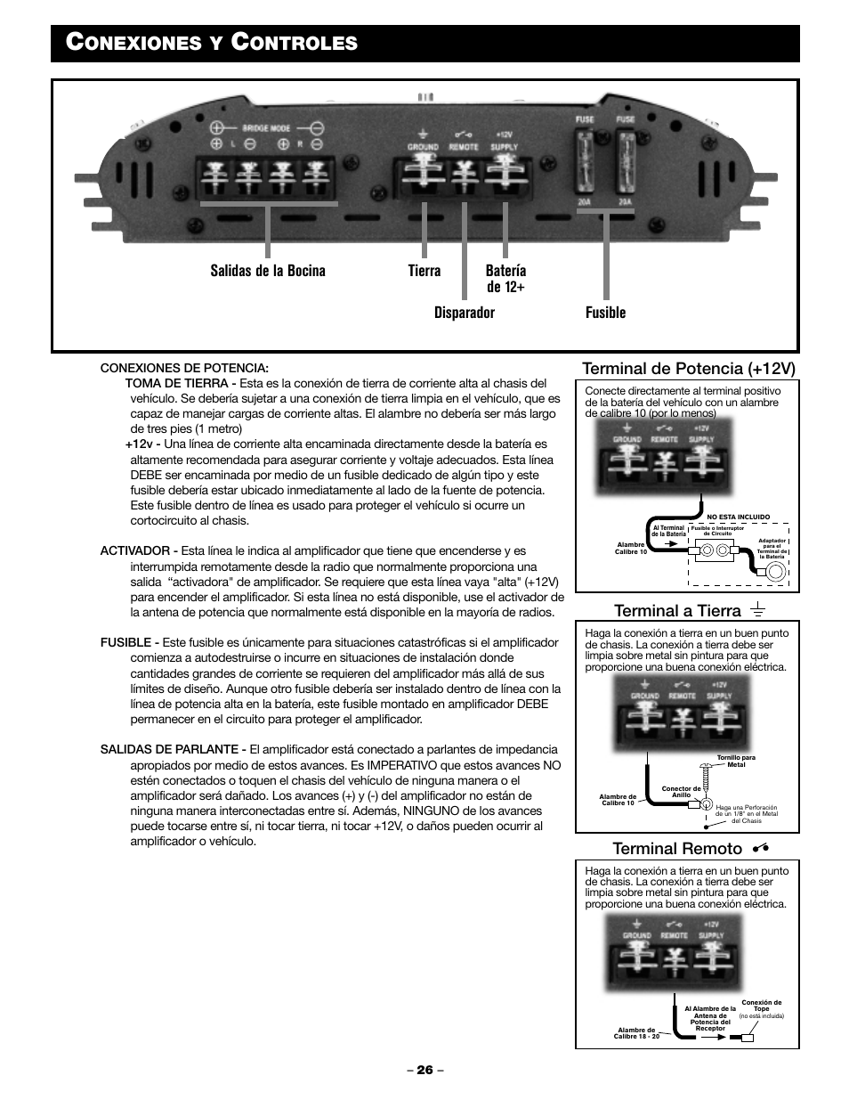 Onexiones y, Ontroles, Terminal de potencia (+12v) | Terminal a tierra terminal remoto | Blaupunkt PCA 250 User Manual | Page 28 / 44