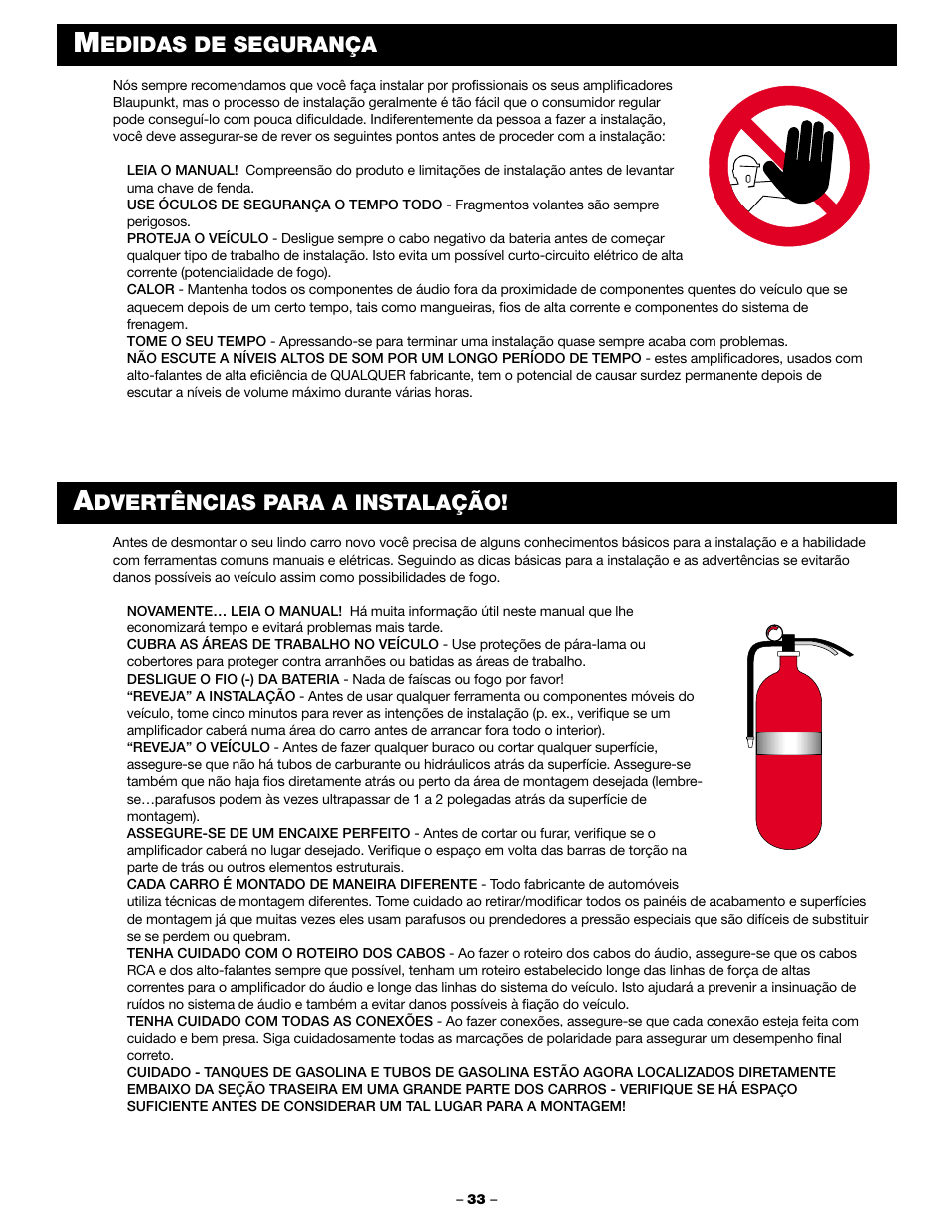 Edidas de segurança, Dvertências para a instalação | Blaupunkt PCA 250 User Manual | Page 35 / 44