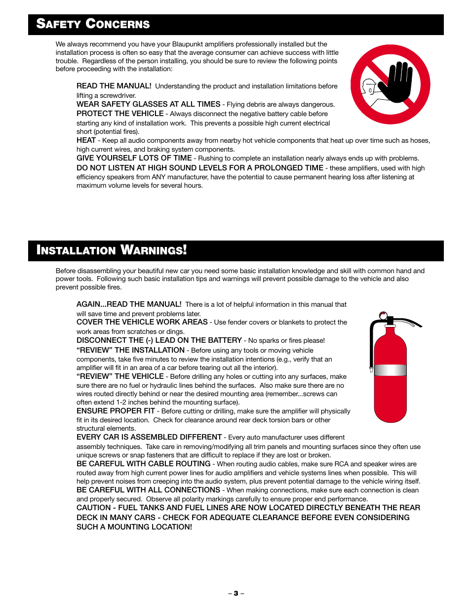 Afety, Oncerns, Nstallation | Arnings | Blaupunkt PCA 250 User Manual | Page 5 / 44