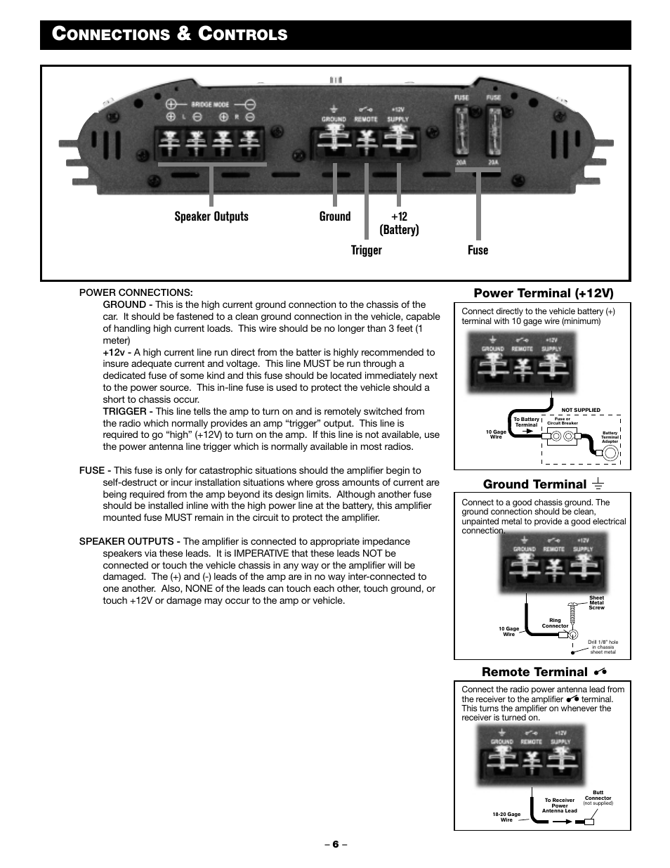 Onnections, Ontrols, Speaker outputs ground +12 (battery) trigger fuse | Power terminal (+12v), Ground terminal remote terminal | Blaupunkt PCA 250 User Manual | Page 8 / 44