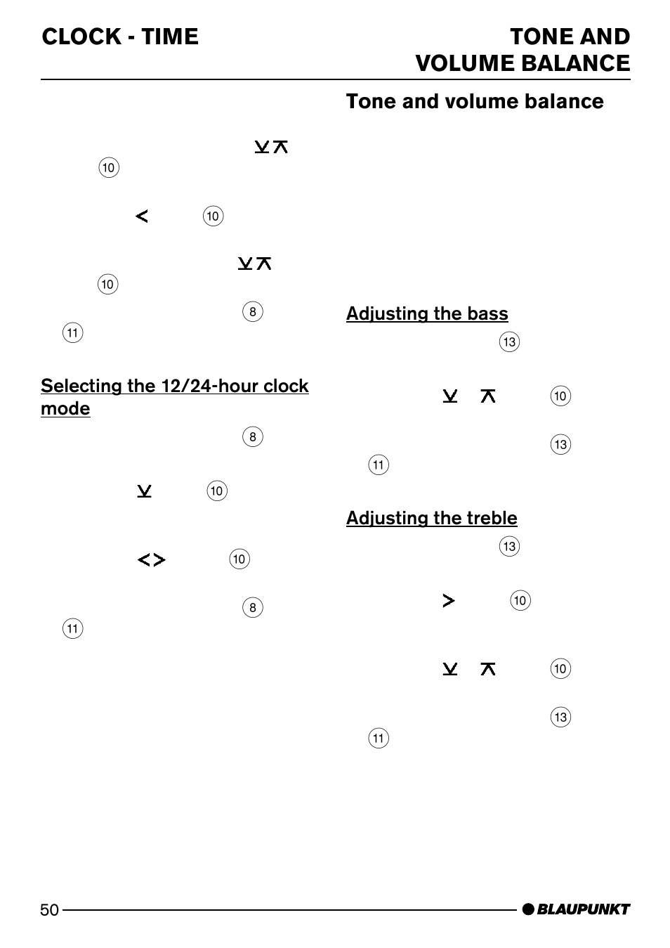 Clock - time tone and volume balance, Tone and volume balance | Blaupunkt Alaska DJ52 User Manual | Page 23 / 30