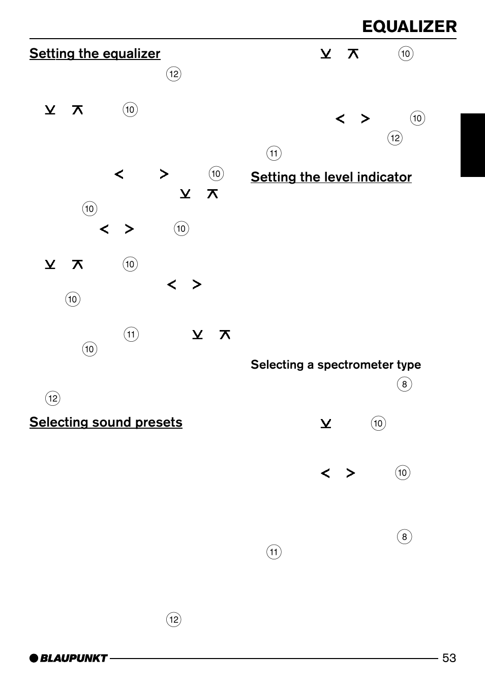 Equalizer, Setting the equalizer, Selecting sound presets | Setting the level indicator | Blaupunkt Alaska DJ52 User Manual | Page 26 / 30