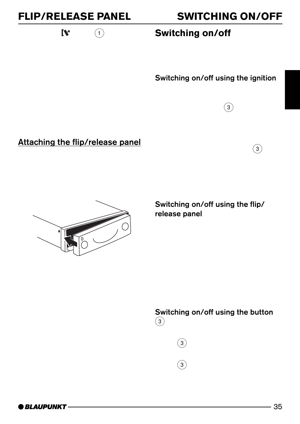 Flip/release panel switching on/off, Switching on/off, Attaching the flip/release panel | Blaupunkt Alaska DJ52 User Manual | Page 8 / 30