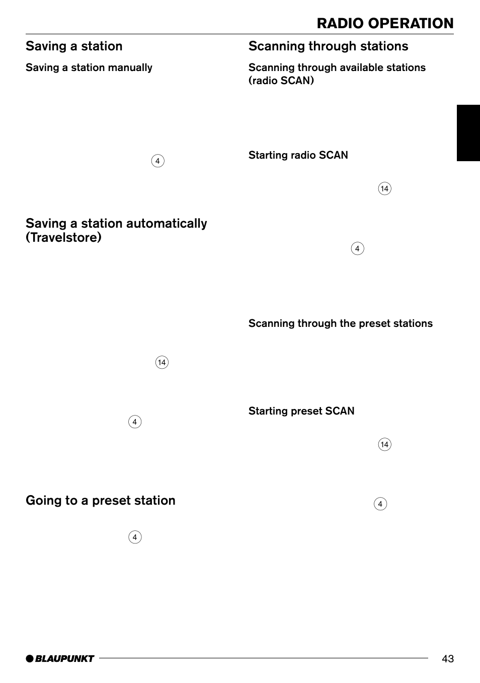 Radio operation, Saving a station, Saving a station automatically (travelstore) | Going to a preset station, Scanning through stations | Blaupunkt Phoenix CD70 User Manual | Page 15 / 31