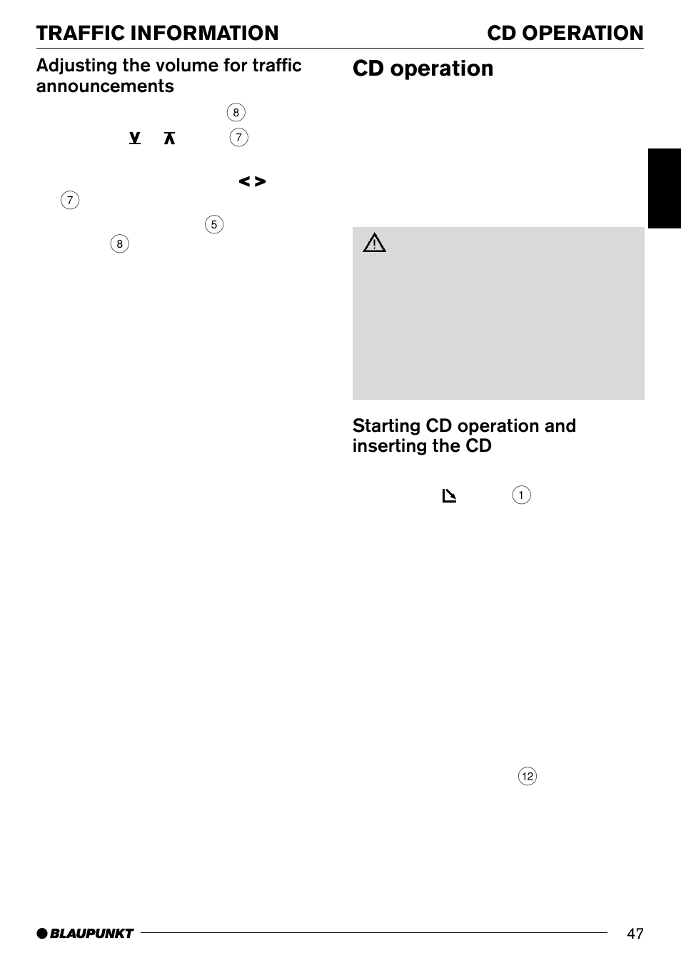 Cd operation, Cd operation traffic information, Adjusting the volume for traffic announcements | Starting cd operation and inserting the cd | Blaupunkt Phoenix CD70 User Manual | Page 19 / 31