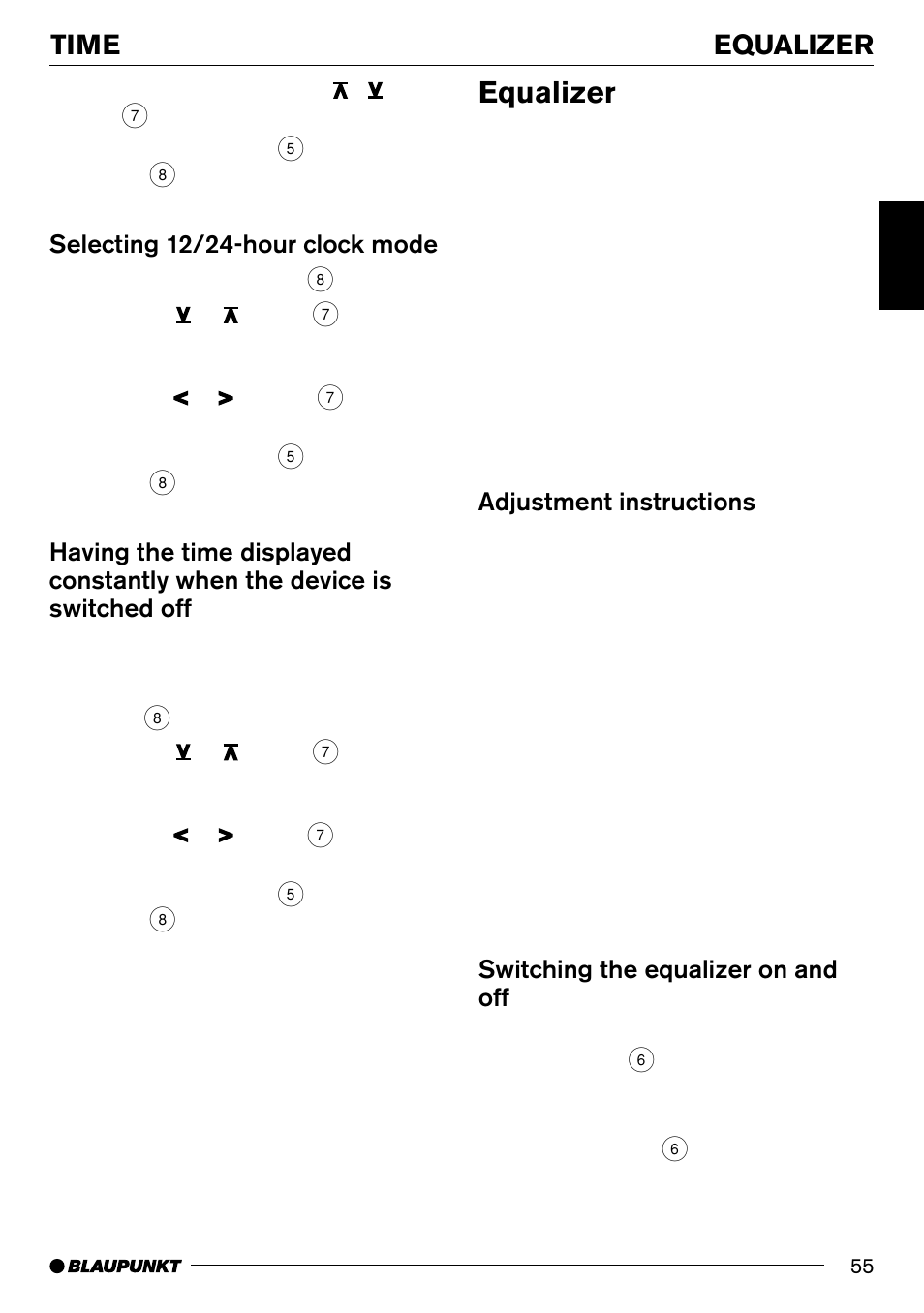 Equalizer, Equalizer time, Selecting 12/24-hour clock mode | Adjustment instructions, Switching the equalizer on and off | Blaupunkt Phoenix CD70 User Manual | Page 27 / 31