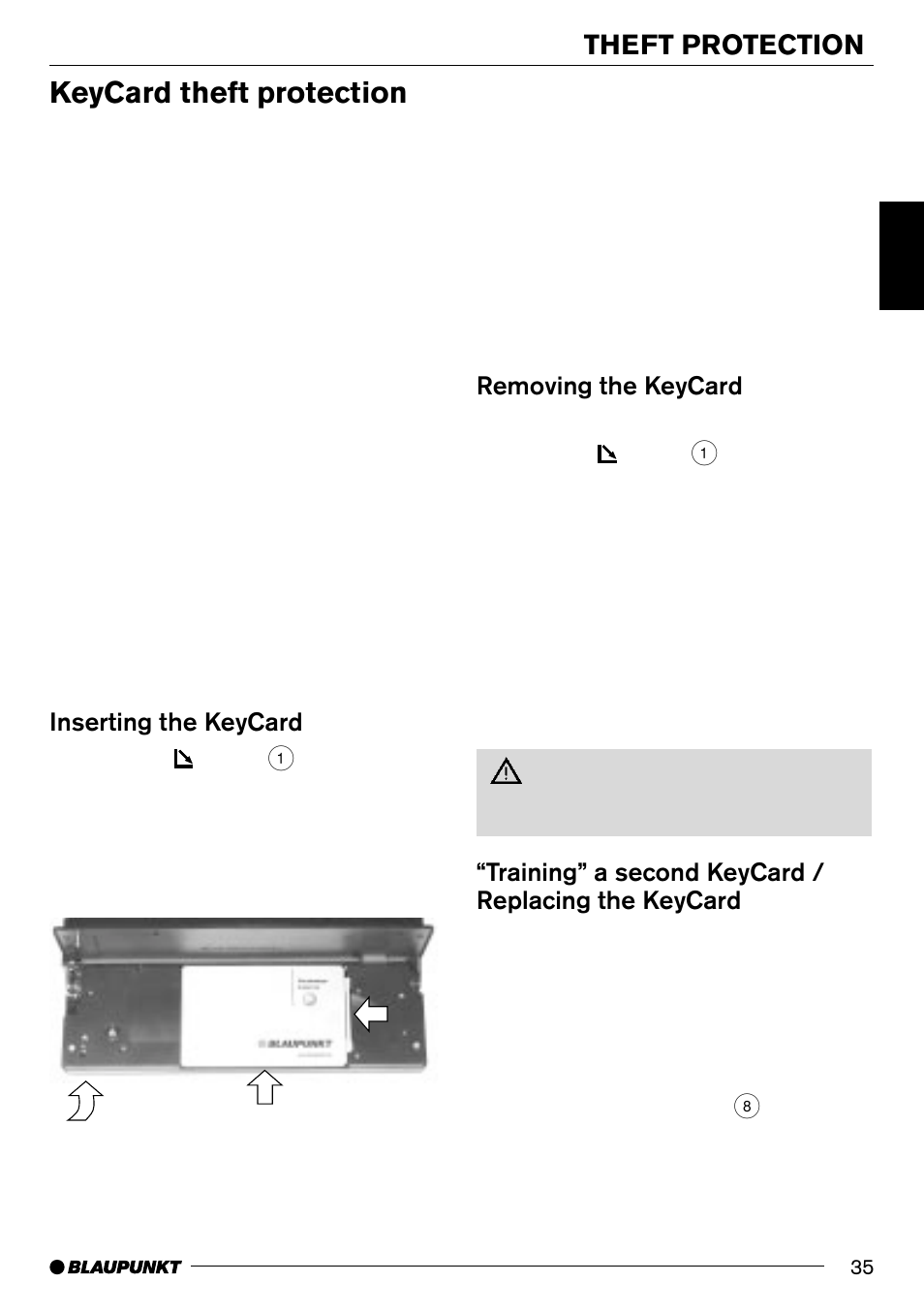 Keycard theft protection, Theft protection, Removing the keycard | Training” a second keycard / replacing the keycard, Inserting the keycard | Blaupunkt Phoenix CD70 User Manual | Page 7 / 31