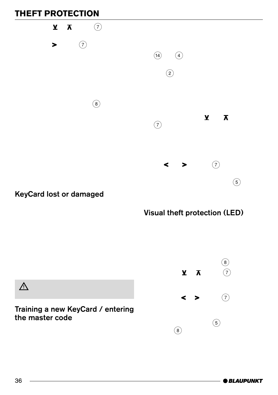 Theft protection, Keycard lost or damaged, Training a new keycard / entering the master code | Visual theft protection (led) | Blaupunkt Phoenix CD70 User Manual | Page 8 / 31