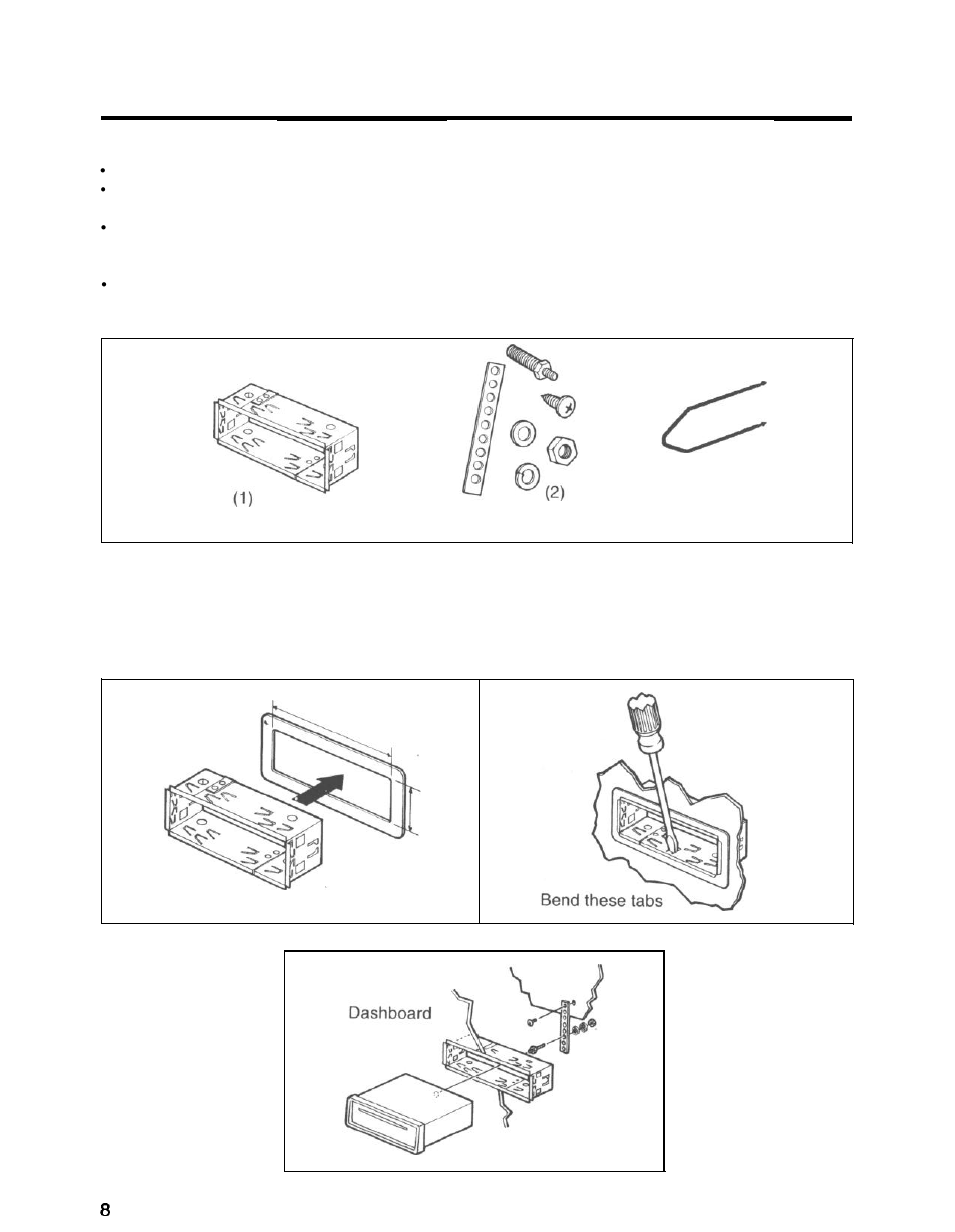 Installation, Recommendations, Mounting hardware | Mounting the unit in most dashboards | Blaupunkt CR148 User Manual | Page 8 / 17