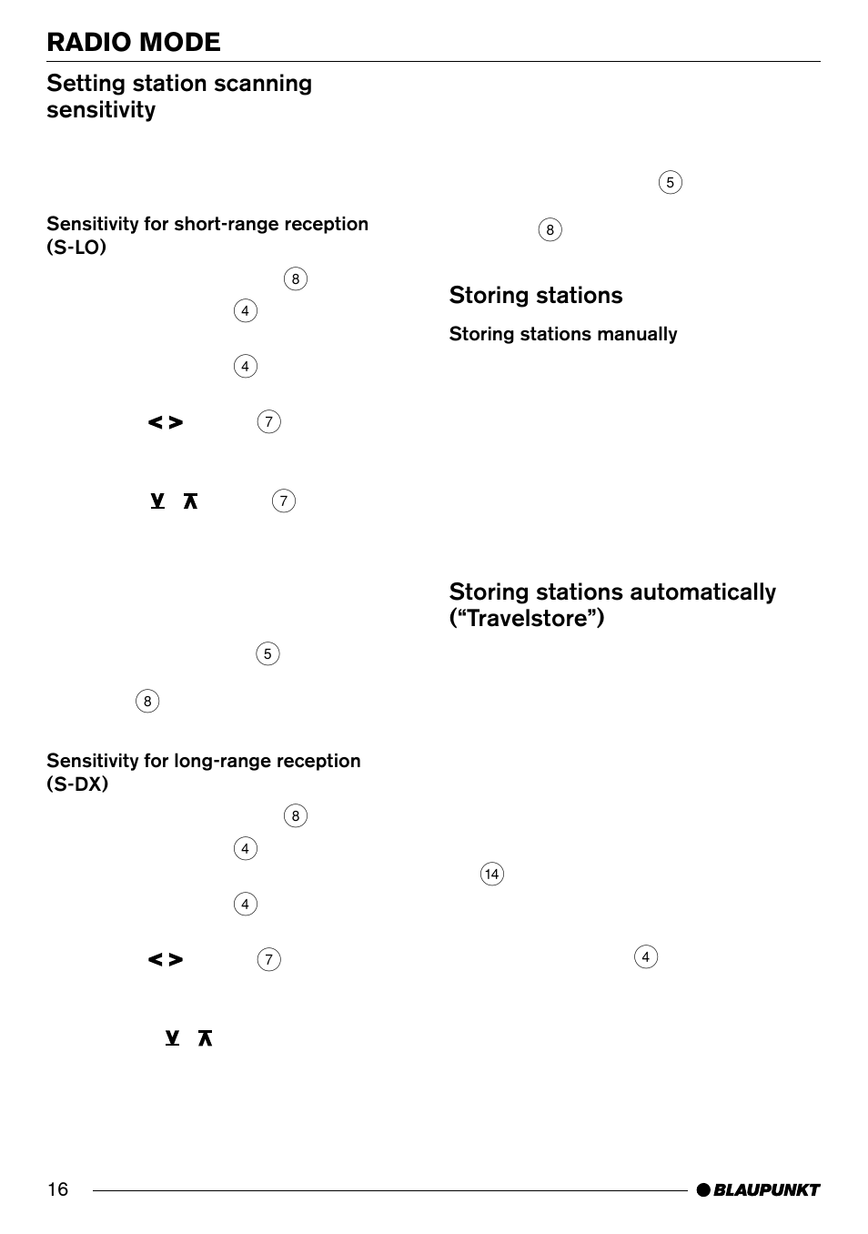 Radio mode, Setting station scanning sensitivity, Storing stations | Storing stations automatically (“travelstore”) | Blaupunkt SAN FRANCISCO CD70 User Manual | Page 16 / 38