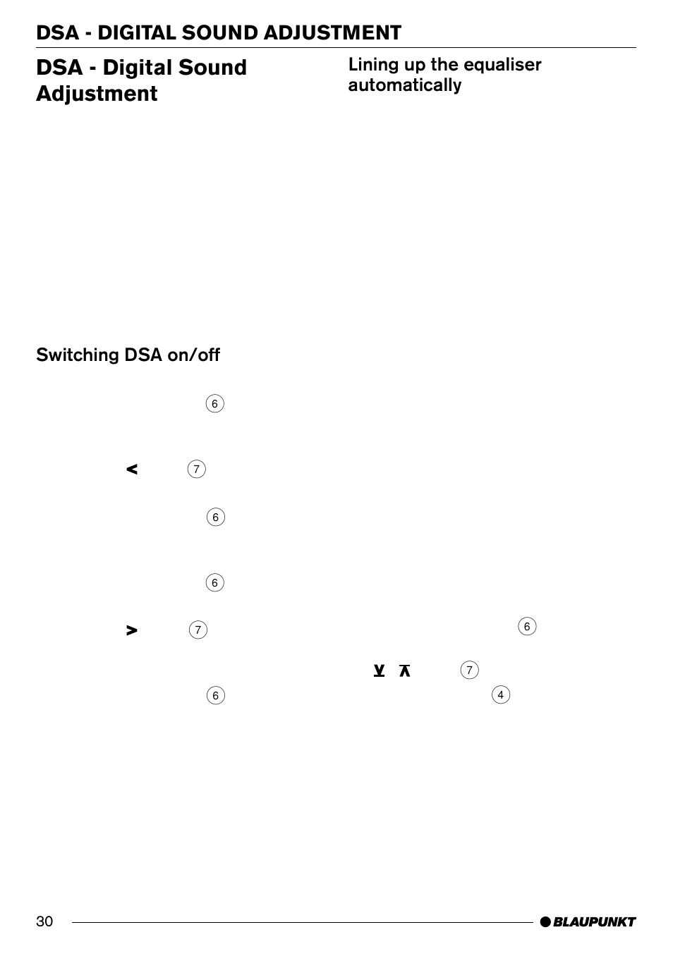 Dsa - digital sound adjustment, Switching dsa on/off, Lining up the equaliser automatically | Blaupunkt SAN FRANCISCO CD70 User Manual | Page 30 / 38